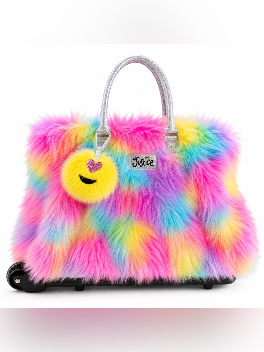 Justice Rainbow Faux Fur Rolling  Tote Weekender Bag Kids Tween Glitter Handle